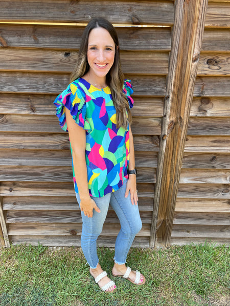 Nevada Navy Blue & Green Ruffled Blouse
