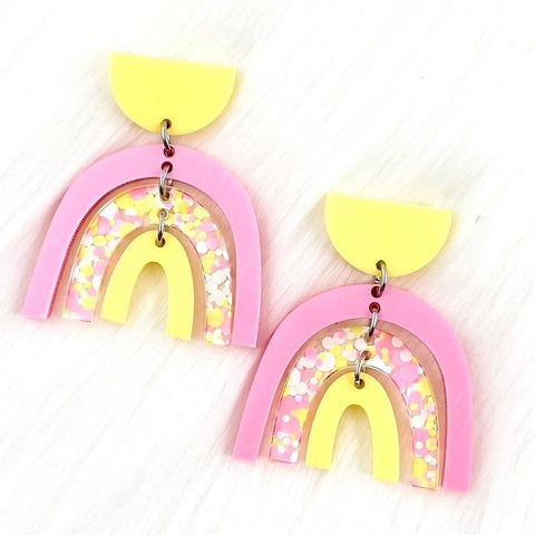Pastel Pink & Yellow Rainbow Acrylic Dangle Earrings