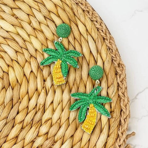 Beachy Palm Tree Beaded Dangle Earrings
