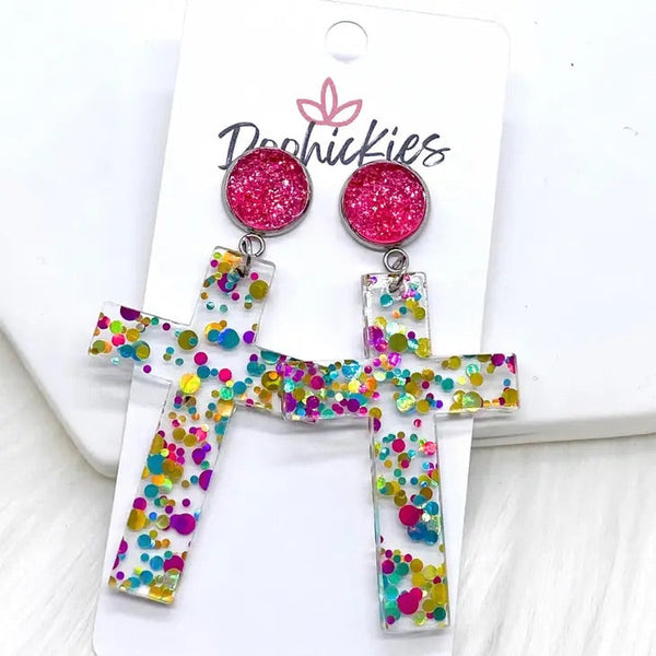 Confetti Cross Acrylic Dangle Earrings - Multiple Colors