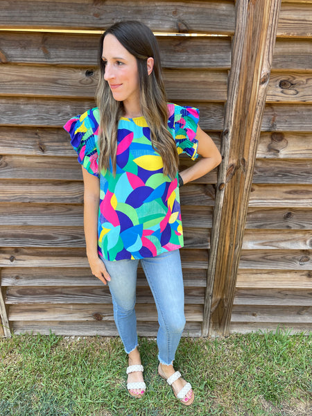Nevada Navy Blue & Green Ruffled Blouse