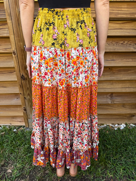 The Remi Ruffled Tiered Floral Maxi Skirt - Orange
