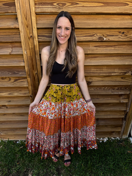 The Remi Ruffled Tiered Floral Maxi Skirt - Orange