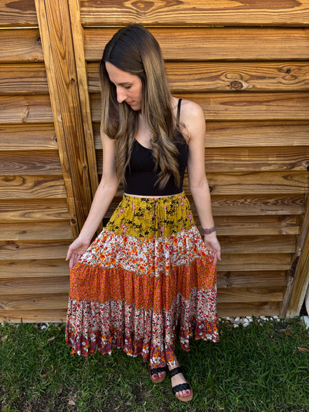 The Remi Ruffled Tiered Floral Maxi Skirt - Orange