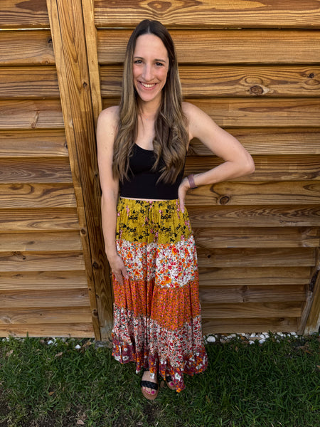 The Remi Ruffled Tiered Floral Maxi Skirt - Orange
