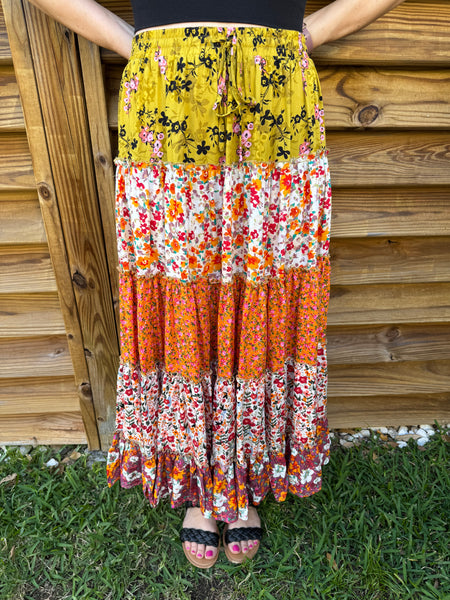 The Remi Ruffled Tiered Floral Maxi Skirt - Orange