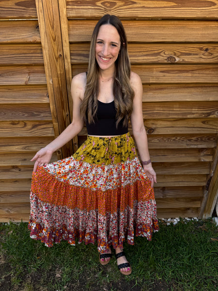 The Remi Ruffled Tiered Floral Maxi Skirt - Orange