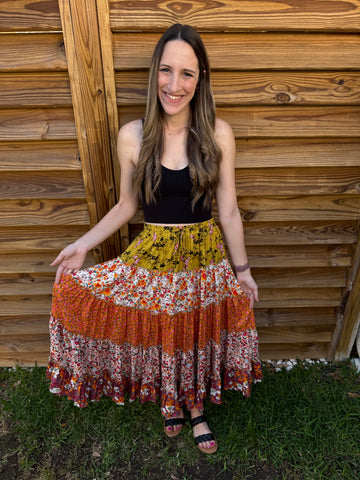The Remi Ruffled Tiered Floral Maxi Skirt - Orange