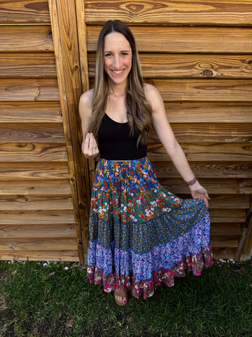 The Remi Ruffled Tiered Floral Maxi Skirt - Blue