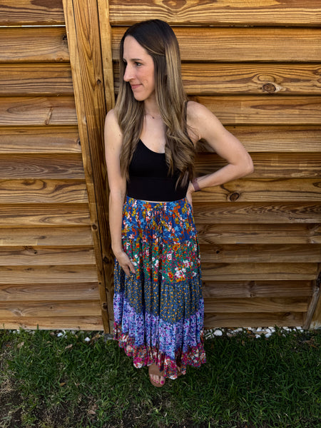 The Remi Ruffled Tiered Floral Maxi Skirt - Blue