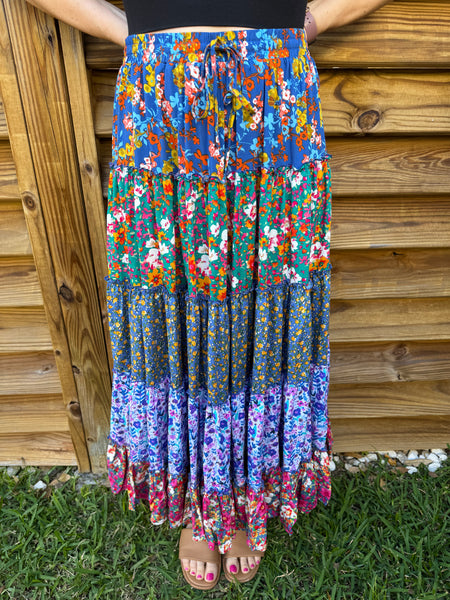 The Remi Ruffled Tiered Floral Maxi Skirt - Blue