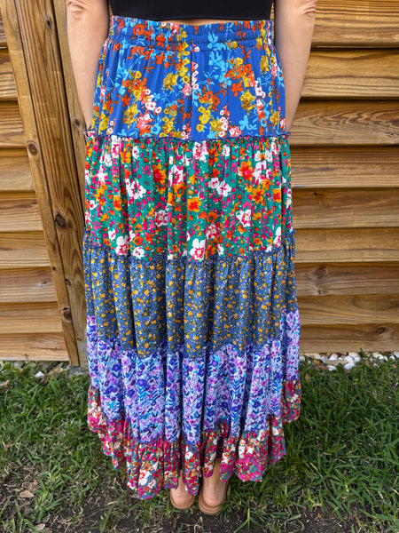 The Remi Ruffled Tiered Floral Maxi Skirt - Blue