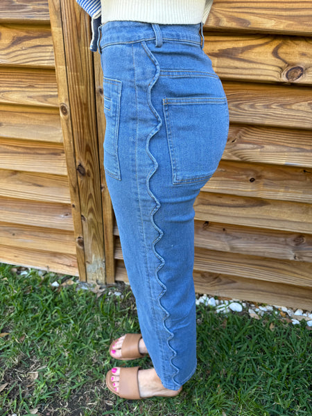 The Sloane Scalloped High Waist Denim Pants - Denim