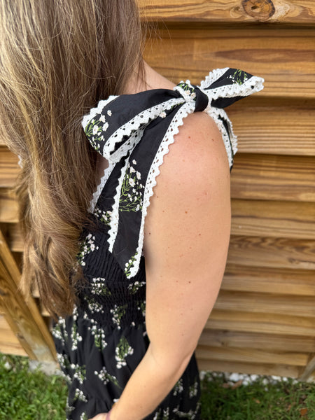 The Ivy Floral & Lace Midi Dress - Black