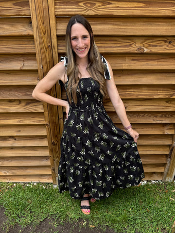 The Ivy Floral & Lace Midi Dress - Black
