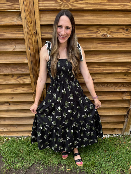 The Ivy Floral & Lace Midi Dress - Black
