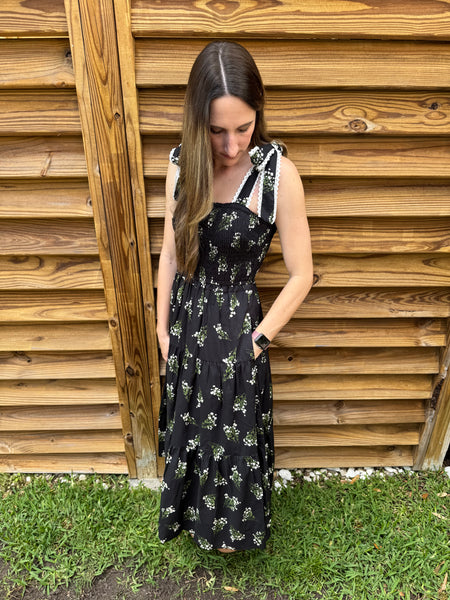 The Ivy Floral & Lace Midi Dress - Black