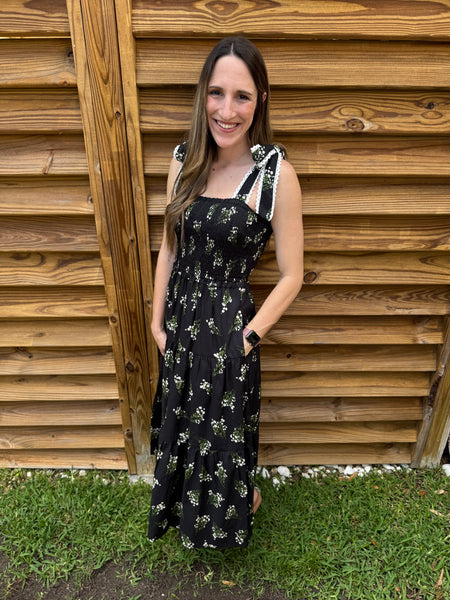 The Ivy Floral & Lace Midi Dress - Black