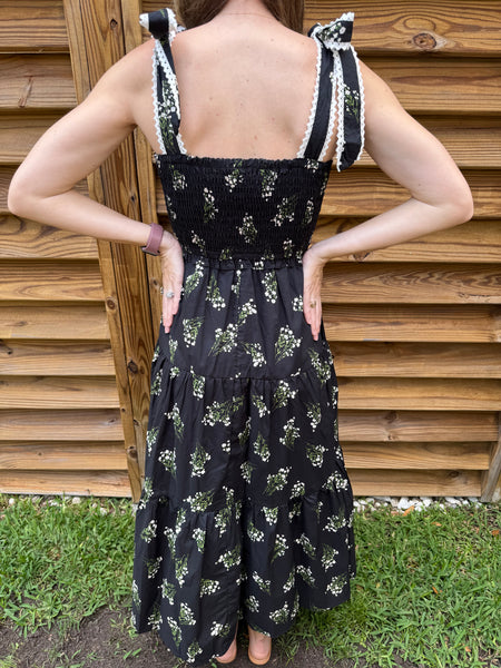 The Ivy Floral & Lace Midi Dress - Black