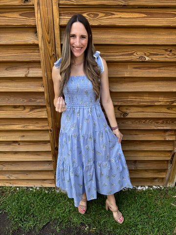 The Ivy Floral & Lace Midi Dress - Blue