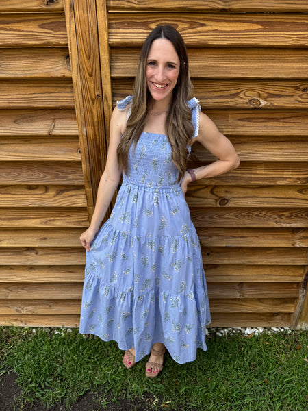 The Ivy Floral & Lace Midi Dress - Blue