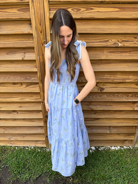 The Ivy Floral & Lace Midi Dress - Blue