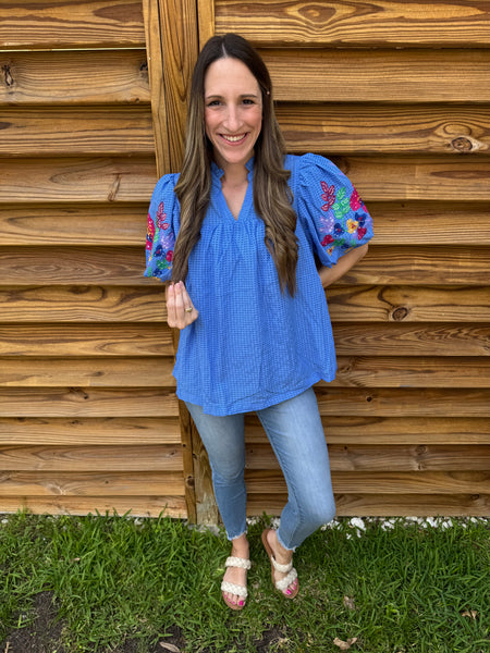 The Ocean Blue Embroidered & Seersucker Blouse