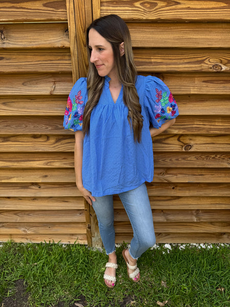 The Ocean Blue Embroidered & Seersucker Blouse