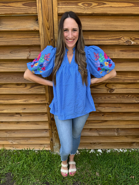 The Ocean Blue Embroidered & Seersucker Blouse