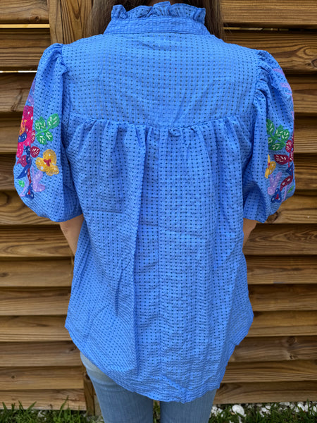 The Ocean Blue Embroidered & Seersucker Blouse