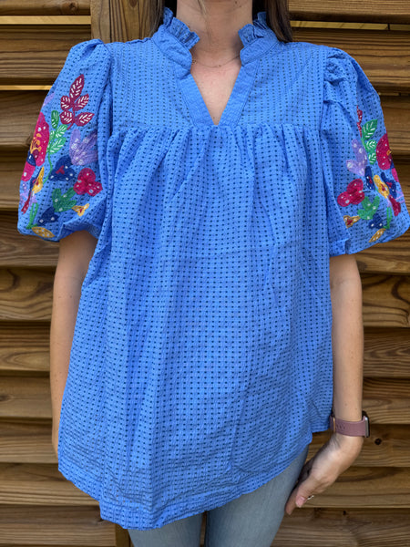 The Ocean Blue Embroidered & Seersucker Blouse