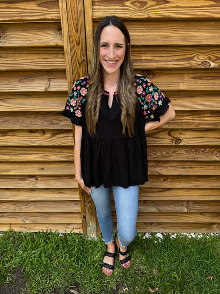 The Black Embroidered Babydoll Linen Blouse