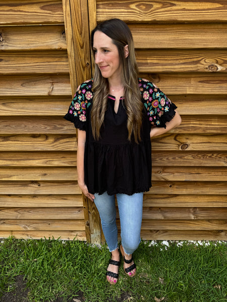 The Black Embroidered Babydoll Linen Blouse