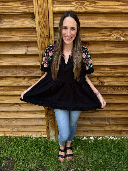 The Black Embroidered Babydoll Linen Blouse