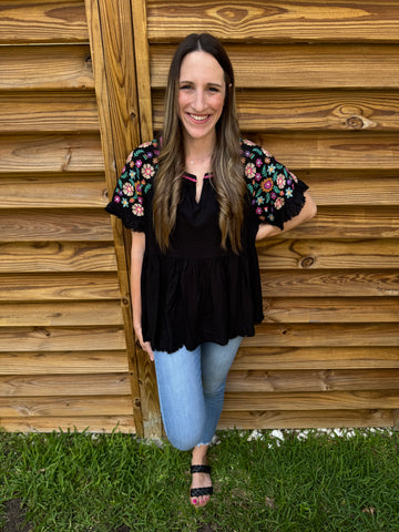 The Black Embroidered Babydoll Linen Blouse
