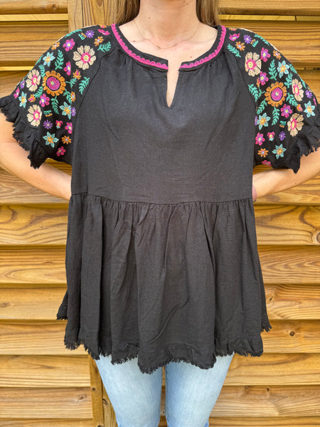The Black Embroidered Babydoll Linen Blouse