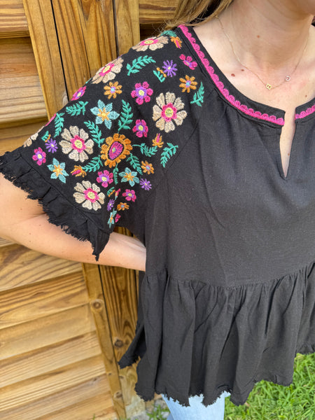 The Black Embroidered Babydoll Linen Blouse