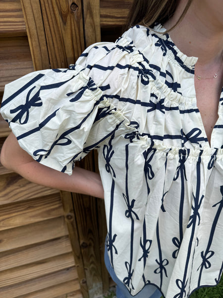 The White & Navy Ribbon Ruffle Blouse