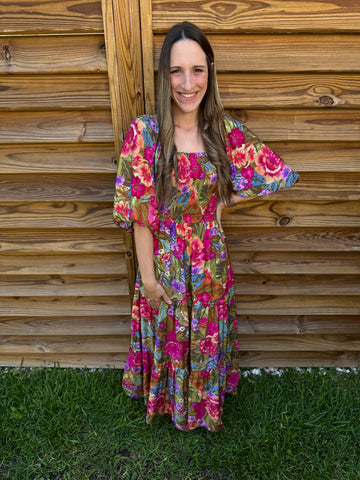 Malibu Olive & Pink Floral Smocked Maxi Dress
