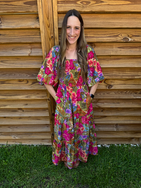 Malibu Olive & Pink Floral Smocked Maxi Dress