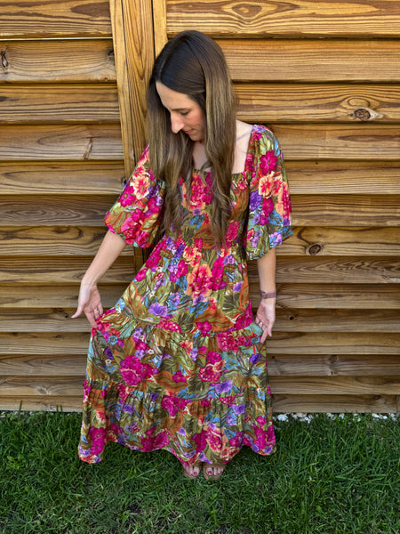 Malibu Olive & Pink Floral Smocked Maxi Dress