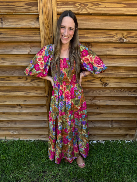 Malibu Olive & Pink Floral Smocked Maxi Dress