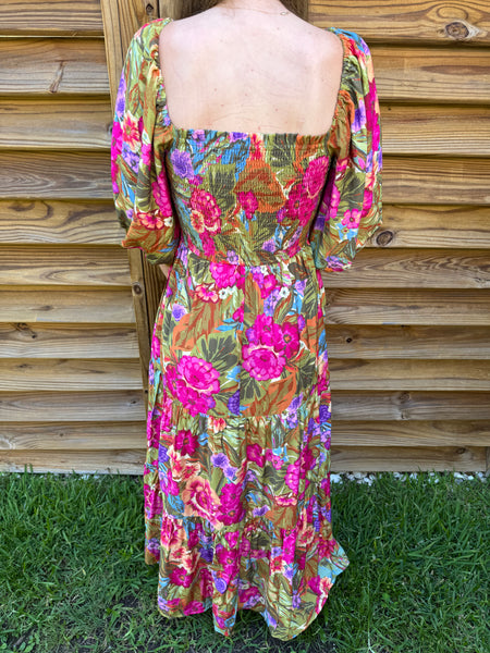 Malibu Olive & Pink Floral Smocked Maxi Dress