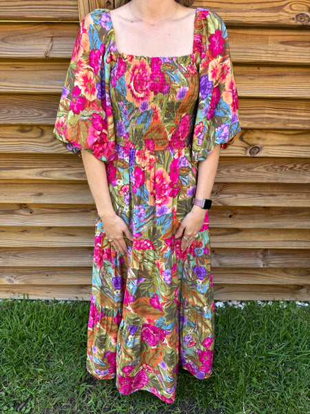 Malibu Olive & Pink Floral Smocked Maxi Dress
