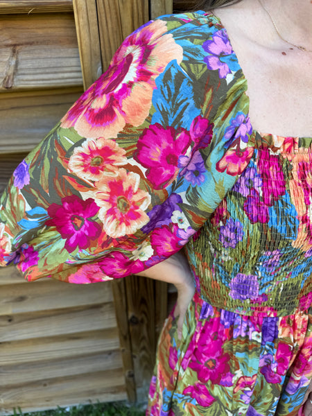 Malibu Olive & Pink Floral Smocked Maxi Dress