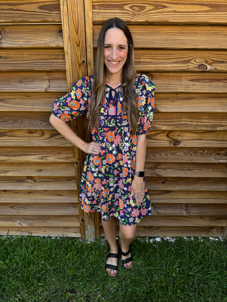 Naples Navy Floral Babydoll Dress