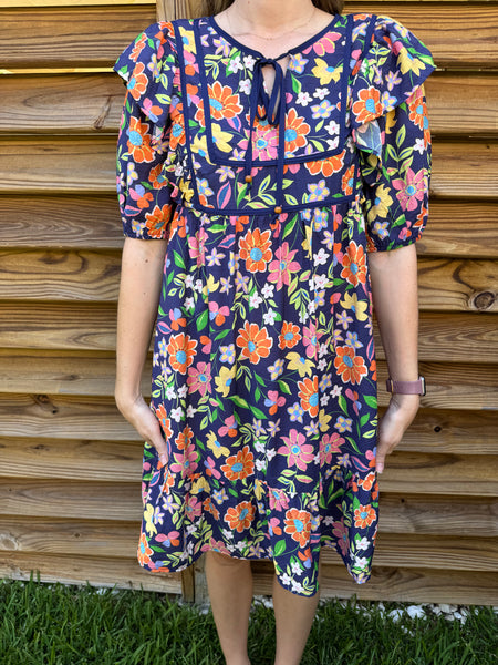 Naples Navy Floral Babydoll Dress