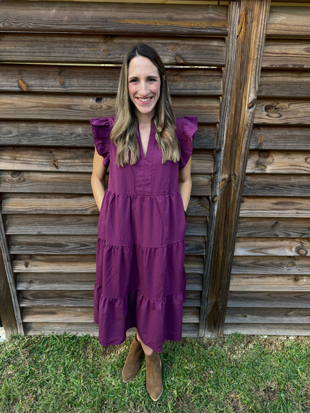 The Jennifer Flutter Midi Dress - Eggplant