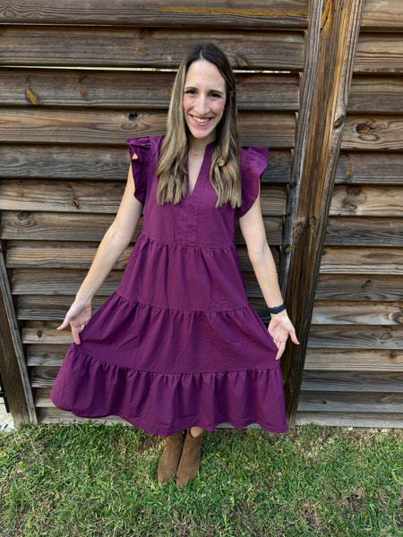 The Jennifer Flutter Midi Dress - Eggplant