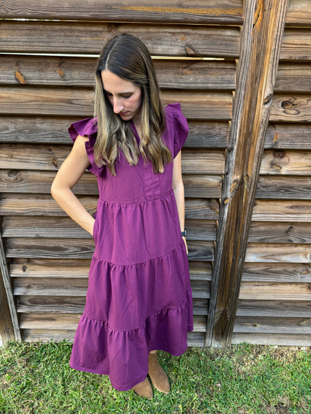 The Jennifer Flutter Midi Dress - Eggplant